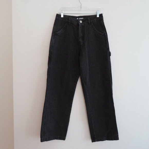 PLAYBOY Y2K Black Wide Leg High Rise Baggy Carpenter Jeans - Size 3 / 28 Waist - Picture 2 of 16